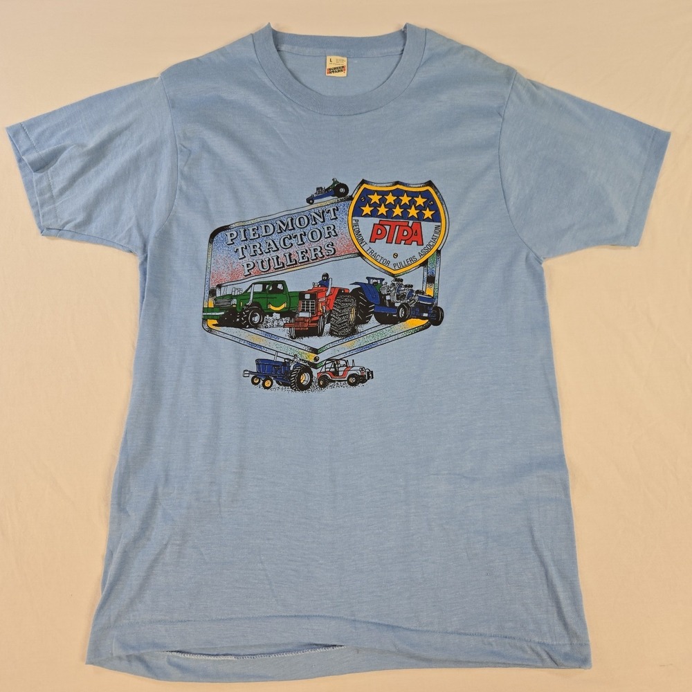 Vintage 80s Piedmont Tractor Pullers Tshirt Mens Size Large Light Blue USA